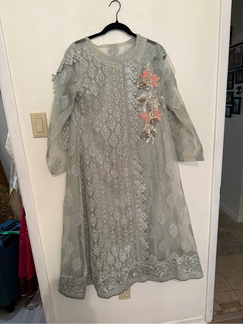 3 Pieces: Pakistani Sage Green Embroidered Suit with Floral Appliqué